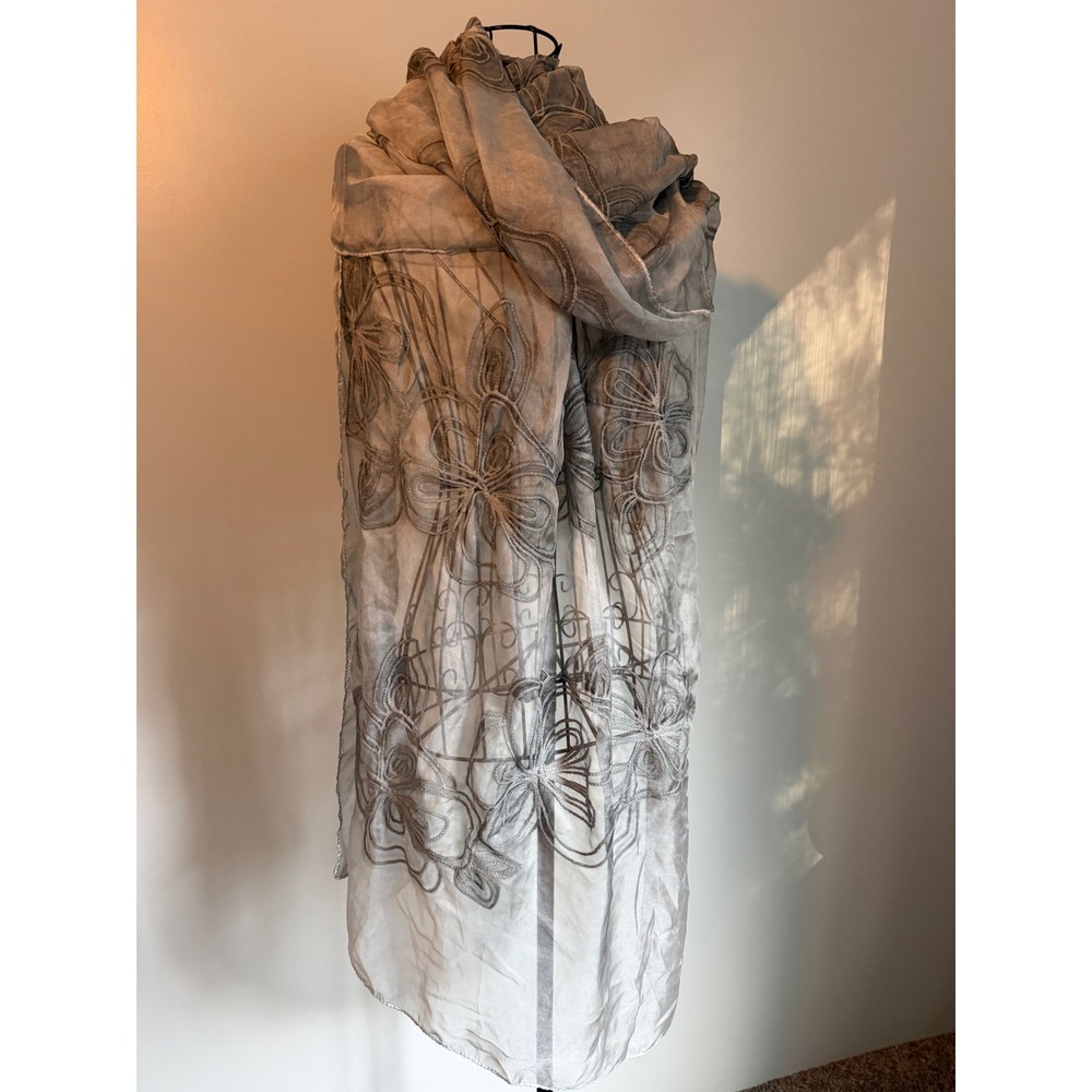 Avenue 9 Grey Sheer Floral Embroidered Long Scarf Shawl Wrap 80x33 NEW